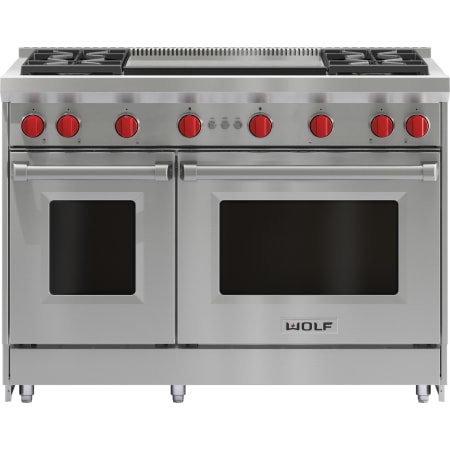 Finish: Wolf 48 Inch Wide 7 Cu. Ft. Free Standing Liquid Propane Range with Dual Infrared Griddle Stainless Steel