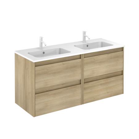WS Bath Collections Ambra 48" Wall Mounted Double Basin Vanity Set with Cabinet and Ceramic Vanity Top Natural Oak