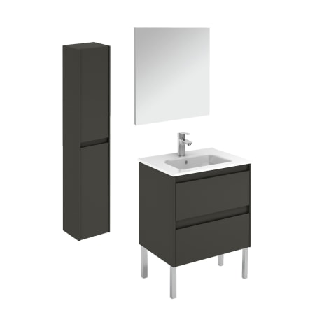 WS Bath Collections Ambra 24" Free Standing Single Basin Vanity Set with Cabinet, Ceramic Vanity Top, Frameless Mirror, and Side Cabinet Gloss Anthracite