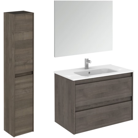 WS Bath Collections Ambra 32" Wall Mounted Single Basin Vanity Set with Cabinet, Ceramic Vanity Top, Frameless Mirror, and Side Cabinet Samara Ash