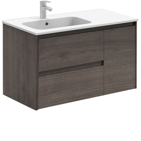 WS Bath Collections Ambra 36" Wall Mounted Single Basin Vanity Set with Cabinet and Ceramic Vanity Top Samara Ash