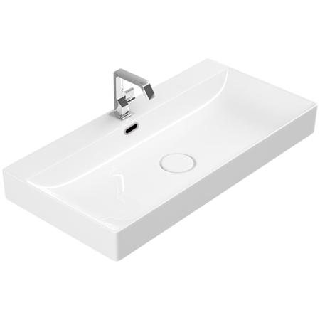 WS Bath Collections Edge 35-3/8" Rectangular Ceramic Vessel, Wall Mounted Bathroom Sink with Overflow and Single Faucet Hole Glossy White