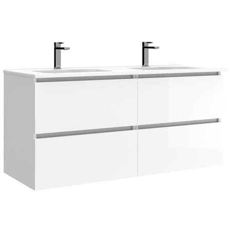 WS Bath Collections Flora 48" Wall Mounted Double Basin Vanity Set with Cabinet and Ceramic Vanity Top Glossy White