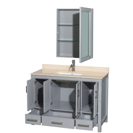 Wyndham Collection-WC-1414-48-SGL-VAN-Gray Vanity, Medicine Cabinet, Open Drawers, and Ivory Top