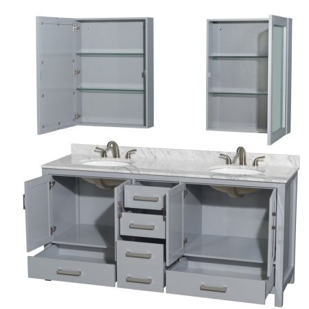 Wyndham Collection-WC-1414-72-DBL-VAN-Gray Vanity, Open Drawers, Two Medicine Cabinets, Carrera White Top