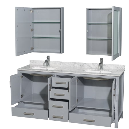 Wyndham Collection-WC-1414-72-DBL-VAN-Gray Vanity, Open Drawers, Two Medicine Cabinets, Carrera White Top
