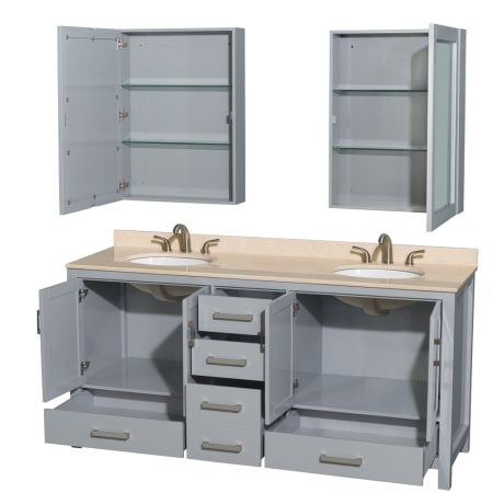 Wyndham Collection-WC-1414-72-DBL-VAN-Gray Vanity, Open Drawers, Two Medicine Cabinets, Ivory Top