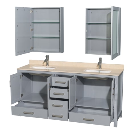 Wyndham Collection-WC-1414-72-DBL-VAN-Gray Vanity, Open Drawers, Two Medicine Cabinets, Ivory Top