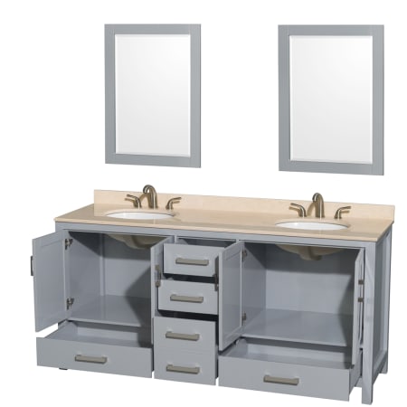 Wyndham Collection-WC-1414-72-DBL-VAN-Gray Vanity, Open Drawers, Two Mirrors, Ivory Top