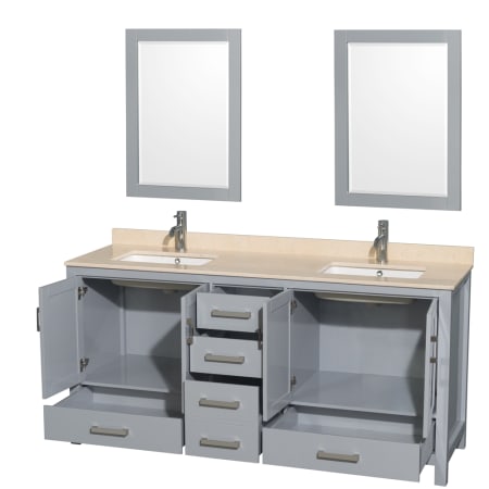 Wyndham Collection-WC-1414-72-DBL-VAN-Gray Vanity, Open Drawers, Two Mirrors, Ivory Top