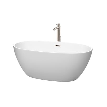 Wyndham Collection Juno 59" Free Standing Acrylic Soaking Tub with Center Drain, Drain Assembly, and Overflow - Includes Floor Mounted Tub Filler with Hand Shower Matte White / Brushed Nickel Trim