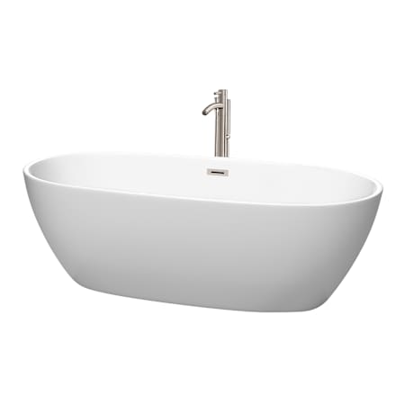 Wyndham Collection Juno 71" Free Standing Acrylic Soaking Tub with Center Drain, Drain Assembly, and Overflow - Includes Floor Mounted Tub Filler with Hand Shower Matte White / Brushed Nickel Trim