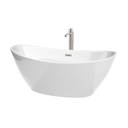 Wyndham Collection Dorrit 66" Free Standing Acrylic Soaking Tub with Center Drain, Drain Assembly, and Overflow - Includes Floor Mounted Tub Filler with Hand Shower White / Brushed Nickel Trim