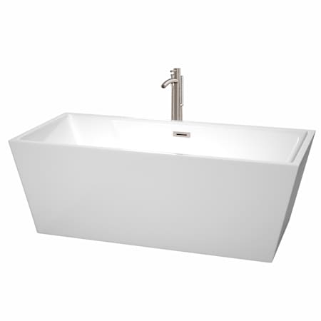 Wyndham Collection Sara 67" Free Standing Acrylic Soaking Tub with Center Drain, Drain Assembly, and Overflow - Includes Floor Mounted Tub Filler with Hand Shower White / Brushed Nickel Trim