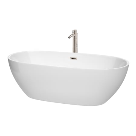 Wyndham Collection Juno 71" Free Standing Acrylic Soaking Tub with Center Drain, Drain Assembly, and Overflow - Includes Floor Mounted Tub Filler with Hand Shower White / Brushed Nickel Trim