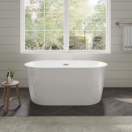 Wyndham Collection Carissa 55" Free Standing Acrylic Soaking Tub with Center Drain, Drain Assembly, and Overflow White / Brushed Nickel Trim