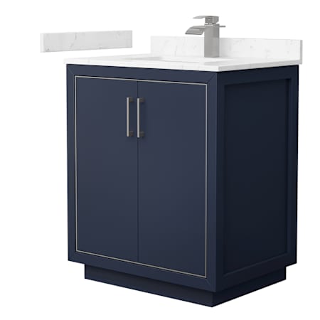Wyndham Collection Icon 30" Free Standing Single Basin Vanity Set with Cabinet and Cultured Marble Vanity Top Dark Blue / Carrara Cultured Marble Top / Brushed Nickel Hardware