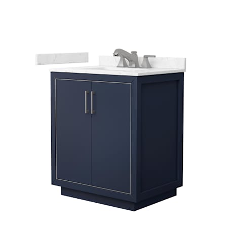 Wyndham Collection Icon 30" Free Standing Single Basin Vanity Set with Cabinet and Cultured Marble Vanity Top Dark Blue / Carrara Cultured Marble Top / Brushed Nickel Hardware