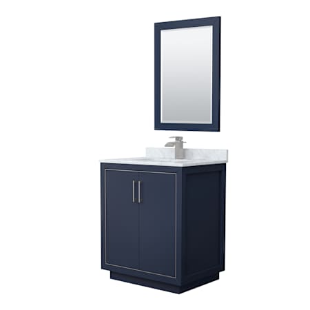 Wyndham Collection Icon 30" Free Standing Single Basin Vanity Set with Cabinet, Marble Vanity Top, and Framed Mirror Dark Blue / Brushed Nickel Hardware