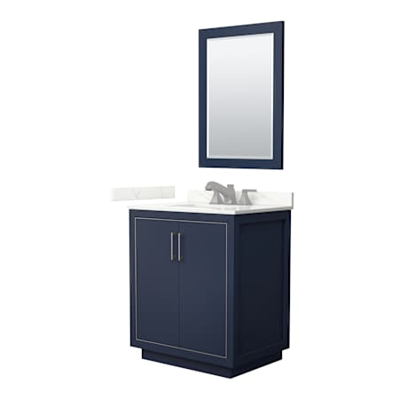 Wyndham Collection Icon 30" Free Standing Single Basin Vanity Set with Cabinet, Quartz Vanity Top, and Framed Mirror Dark Blue / Giotto Quartz Top / Brushed Nickel Hardware