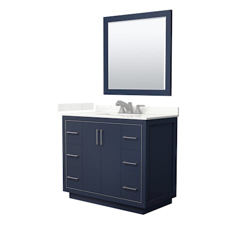 Wyndham Collection Icon 42" Free Standing Single Basin Vanity Set with Cabinet, Quartz Vanity Top, and Framed Mirror Dark Blue / Giotto Quartz Top / Brushed Nickel Hardware
