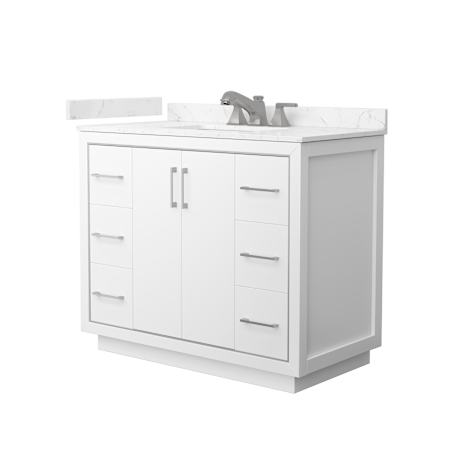 Wyndham Collection Icon 42" Free Standing Single Basin Vanity Set with Cabinet and Cultured Marble Vanity Top White / Carrara Cultured Marble Top / Brushed Nickel Hardware