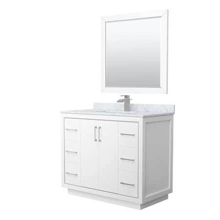 Wyndham Collection Icon 42" Free Standing Single Basin Vanity Set with Cabinet, Marble Vanity Top, and Framed Mirror White / Brushed Nickel Hardware