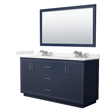 Wyndham Collection Icon 66" Free Standing Double Basin Vanity Set with Cabinet, Cultured Marble Vanity Top, and Framed Mirror Dark Blue / Carrara Cultured Marble Top / Brushed Nickel Hardware