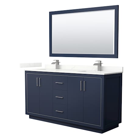 Wyndham Collection Icon 66" Free Standing Double Basin Vanity Set with Cabinet, Quartz Vanity Top, and Framed Mirror Dark Blue / Giotto Quartz Top / Brushed Nickel Hardware