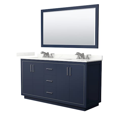 Wyndham Collection Icon 66" Free Standing Double Basin Vanity Set with Cabinet, Quartz Vanity Top, and Framed Mirror Dark Blue / Giotto Quartz Top / Brushed Nickel Hardware