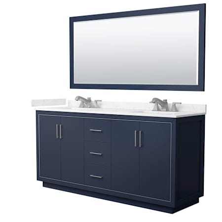 Wyndham Collection Icon 72" Free Standing Double Basin Vanity Set with Cabinet, Cultured Marble Vanity Top, and Framed Mirror Dark Blue / Carrara Cultured Marble Top / Brushed Nickel Hardware