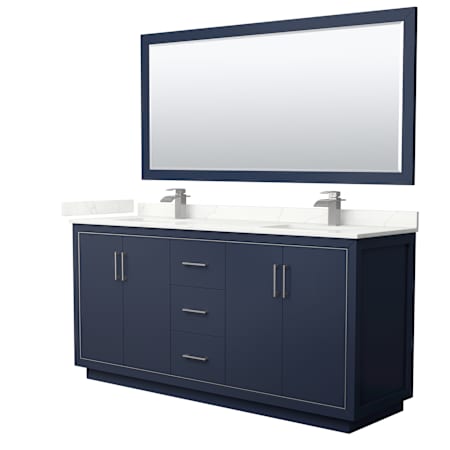 Wyndham Collection Icon 72" Free Standing Double Basin Vanity Set with Cabinet, Quartz Vanity Top, and Framed Mirror Dark Blue / Giotto Quartz Top / Brushed Nickel Hardware