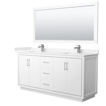 Wyndham Collection Icon 72" Free Standing Double Basin Vanity Set with Cabinet, Cultured Marble Vanity Top, and Framed Mirror White / Carrara Cultured Marble Top / Brushed Nickel Hardware