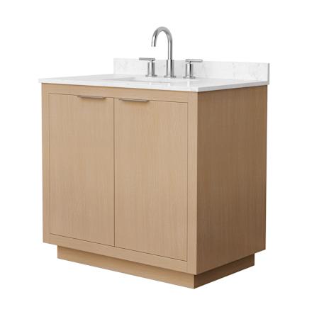 Wyndham Collection Maroni 36" Free Standing Single Basin Vanity Set with Cabinet and Cultured Marble Vanity Top for Widespread Faucets Light Straw / Carrara Cultured Marble Top / Brushed Nickel Hardware