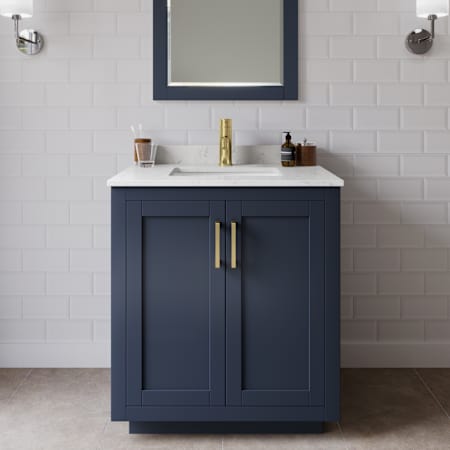 Wyndham Collection Miranda 30" Free Standing Single Basin Vanity Set with Cabinet and Cultured Marble Vanity Top Dark Blue / Carrara Cultured Marble Top / Brushed Gold Hardware