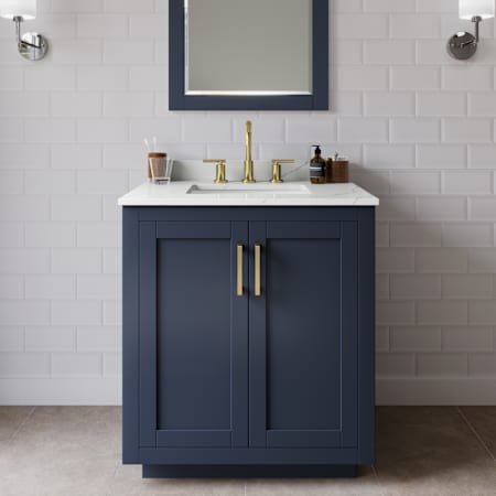 Wyndham Collection Miranda 30" Free Standing Single Basin Vanity Set with Cabinet and Quartz Vanity Top Dark Blue / Giotto Quartz Top / Brushed Gold Hardware