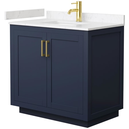 Wyndham Collection Miranda 36" Free Standing Single Basin Vanity Set with Cabinet and Cultured Marble Vanity Top Dark Blue / Carrara Cultured Marble Top / Brushed Gold Hardware