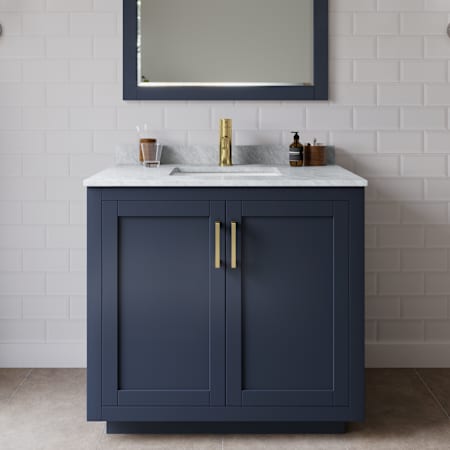 Wyndham Collection Miranda 36" Free Standing Single Basin Vanity Set with Cabinet, Marble Vanity Top, and Framed Mirror Dark Blue / White Carrara Marble Top / Brushed Gold Hardware