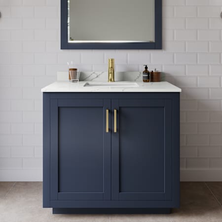 Wyndham Collection Miranda 36" Free Standing Single Basin Vanity Set with Cabinet, Quartz Vanity Top, and Framed Mirror Dark Blue / Giotto Quartz Top / Brushed Gold Hardware