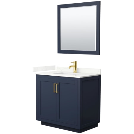 Wyndham Collection Miranda 36" Free Standing Single Basin Vanity Set with Cabinet, Quartz Vanity Top, and Framed Mirror Dark Blue / Giotto Quartz Top / Brushed Gold Hardware