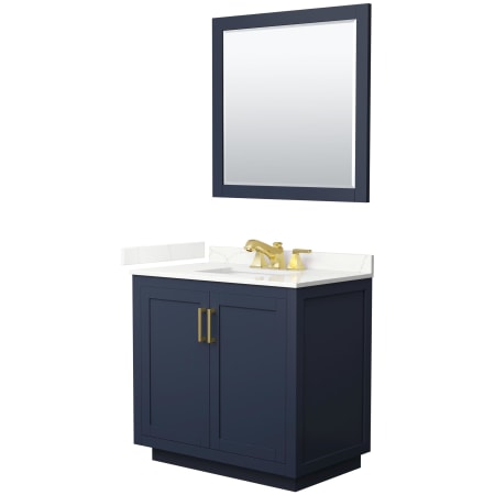 Wyndham Collection Miranda 36" Free Standing Single Basin Vanity Set with Cabinet, Quartz Vanity Top, and Framed Mirror Dark Blue / Giotto Quartz Top / Brushed Gold Hardware