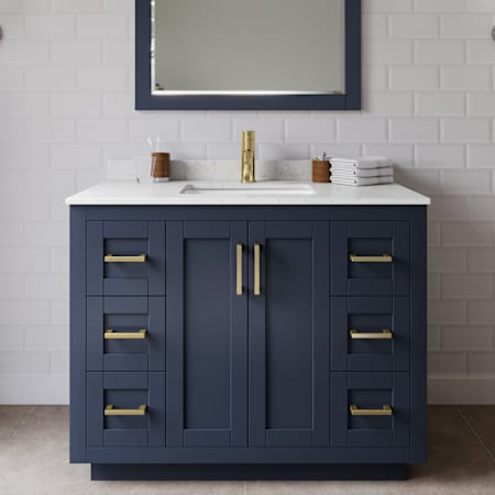 Wyndham Collection Miranda 42" Free Standing Single Basin Vanity Set with Cabinet, Cultured Marble Vanity Top, and Framed Mirror Dark Blue / Carrara Cultured Marble Top / Brushed Gold Hardware
