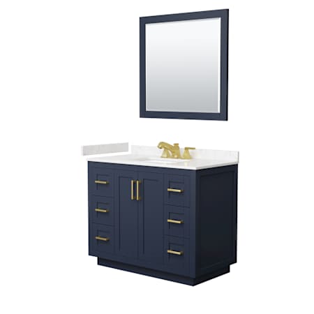 Wyndham Collection Miranda 42" Free Standing Single Basin Vanity Set with Cabinet, Cultured Marble Vanity Top, and Framed Mirror Dark Blue / Carrara Cultured Marble Top / Brushed Gold Hardware