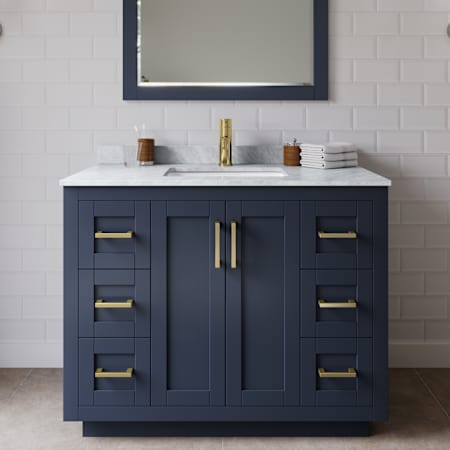 Wyndham Collection Miranda 42" Free Standing Single Basin Vanity Set with Cabinet and Marble Vanity Top Dark Blue / White Carrara Marble Top / Brushed Gold Hardware