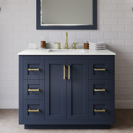 Wyndham Collection Miranda 42" Free Standing Single Basin Vanity Set with Cabinet and Quartz Vanity Top Dark Blue / Giotto Quartz Top / Brushed Gold Hardware