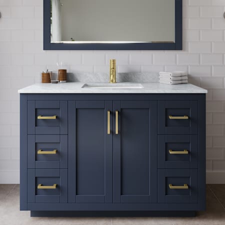 Wyndham Collection Miranda 48" Free Standing Single Basin Vanity Set with Cabinet, Marble Vanity Top, and Framed Mirror Dark Blue / White Carrara Marble Top / Brushed Gold Hardware