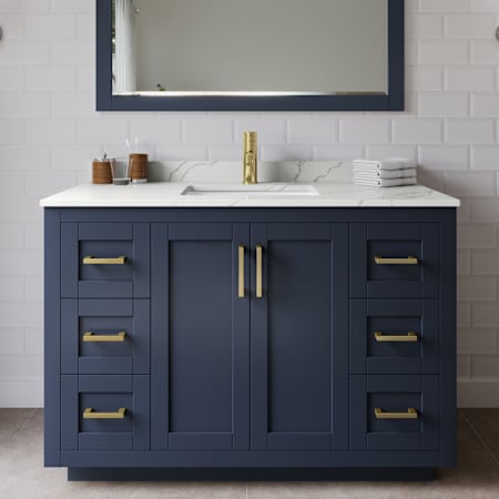 Wyndham Collection Miranda 48" Free Standing Single Basin Vanity Set with Cabinet, Quartz Vanity Top, and Framed Mirror Dark Blue / Giotto Quartz Top / Brushed Gold Hardware