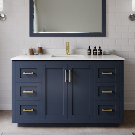 Wyndham Collection Miranda 54" Free Standing Single Basin Vanity Set with Cabinet and Cultured Marble Vanity Top Dark Blue / Carrara Cultured Marble Top / Brushed Gold Hardware