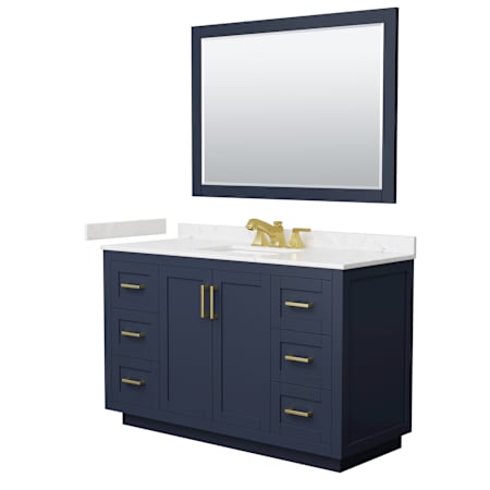 Wyndham Collection Miranda 54" Free Standing Single Basin Vanity Set with Cabinet, Cultured Marble Vanity Top, and Framed Mirror Dark Blue / Carrara Cultured Marble Top / Brushed Gold Hardware