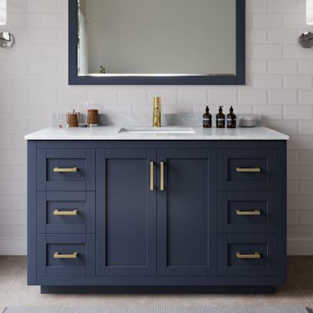 Wyndham Collection Miranda 54" Free Standing Single Basin Vanity Set with Cabinet, Marble Vanity Top, and Framed Mirror Dark Blue / White Carrara Marble Top / Brushed Gold Hardware